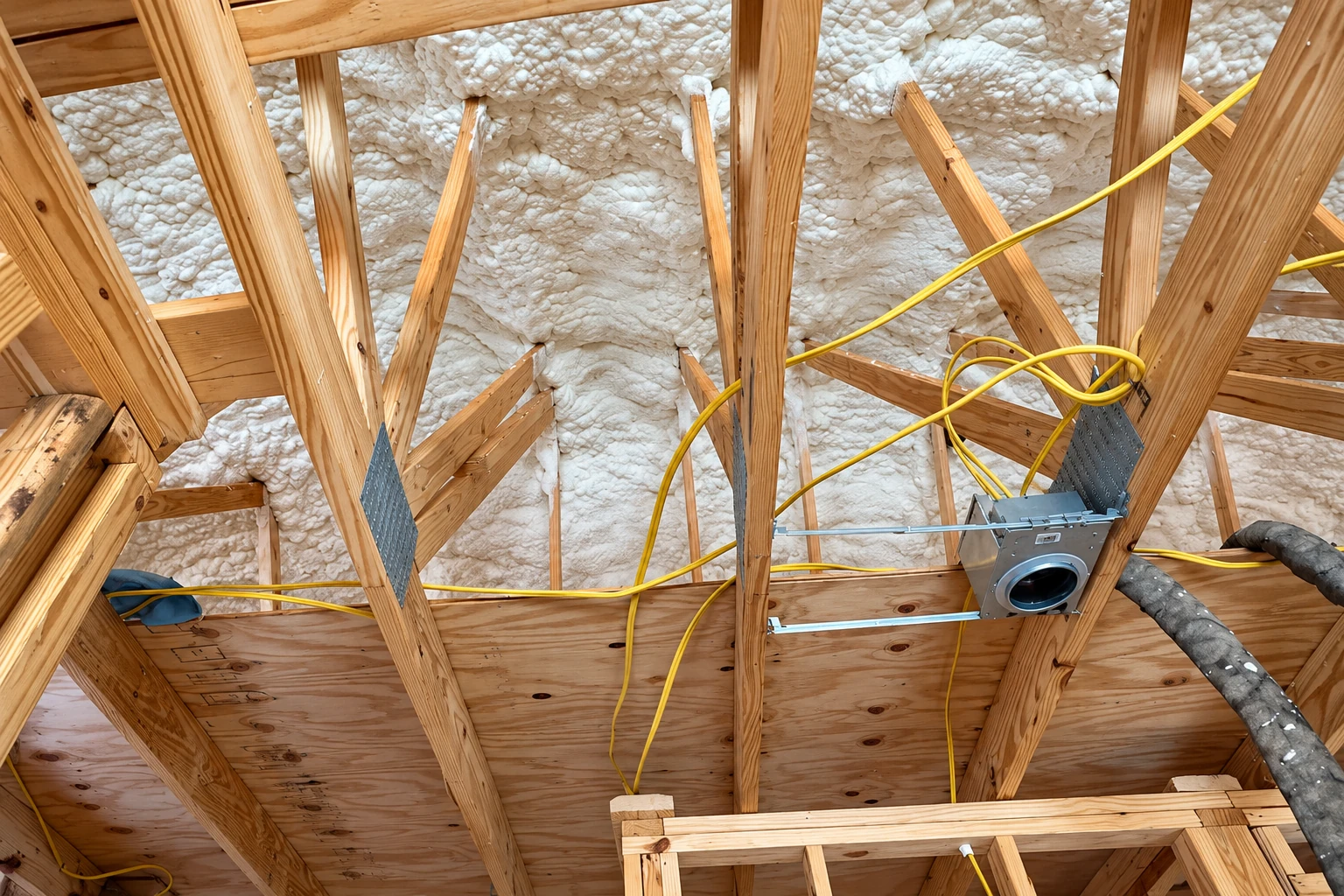 White spray foam coats the roof underside of a wood-framed attic, with yellow cables and a metal duct fitting between the rafters.