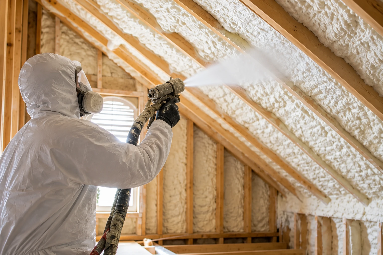 A worker in protective gear sprays foam insulation between the rafters of an unfinished attic.