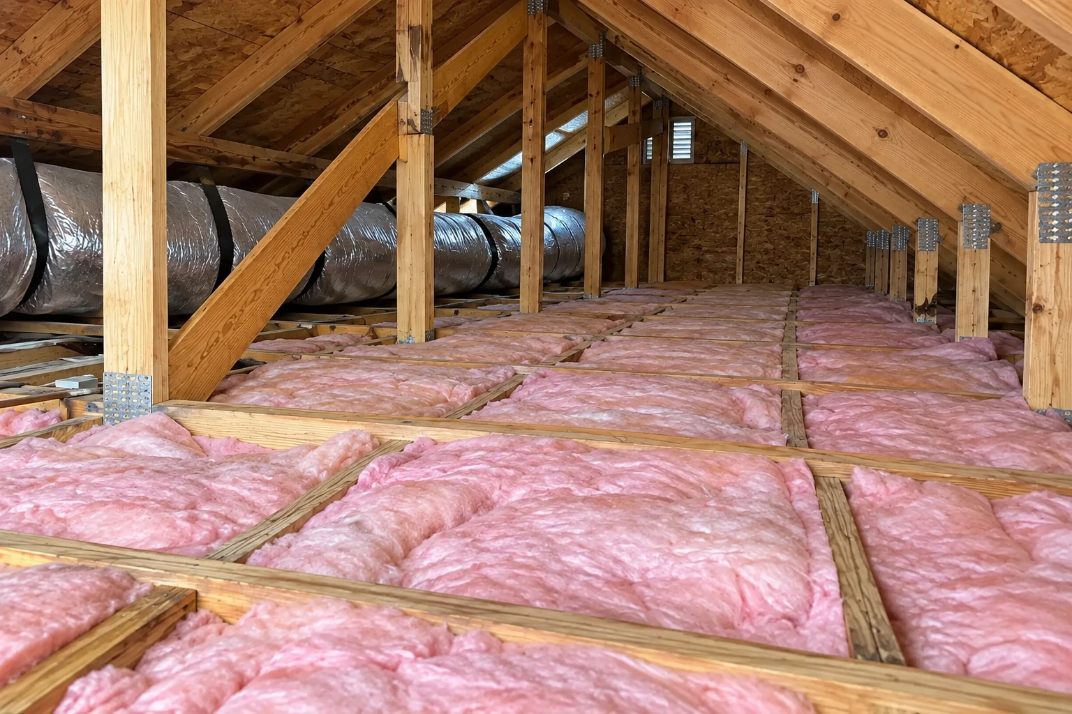 Pink fiberglass batts cover an attic floor between wooden joists, with a large flexible air duct along the roofline.