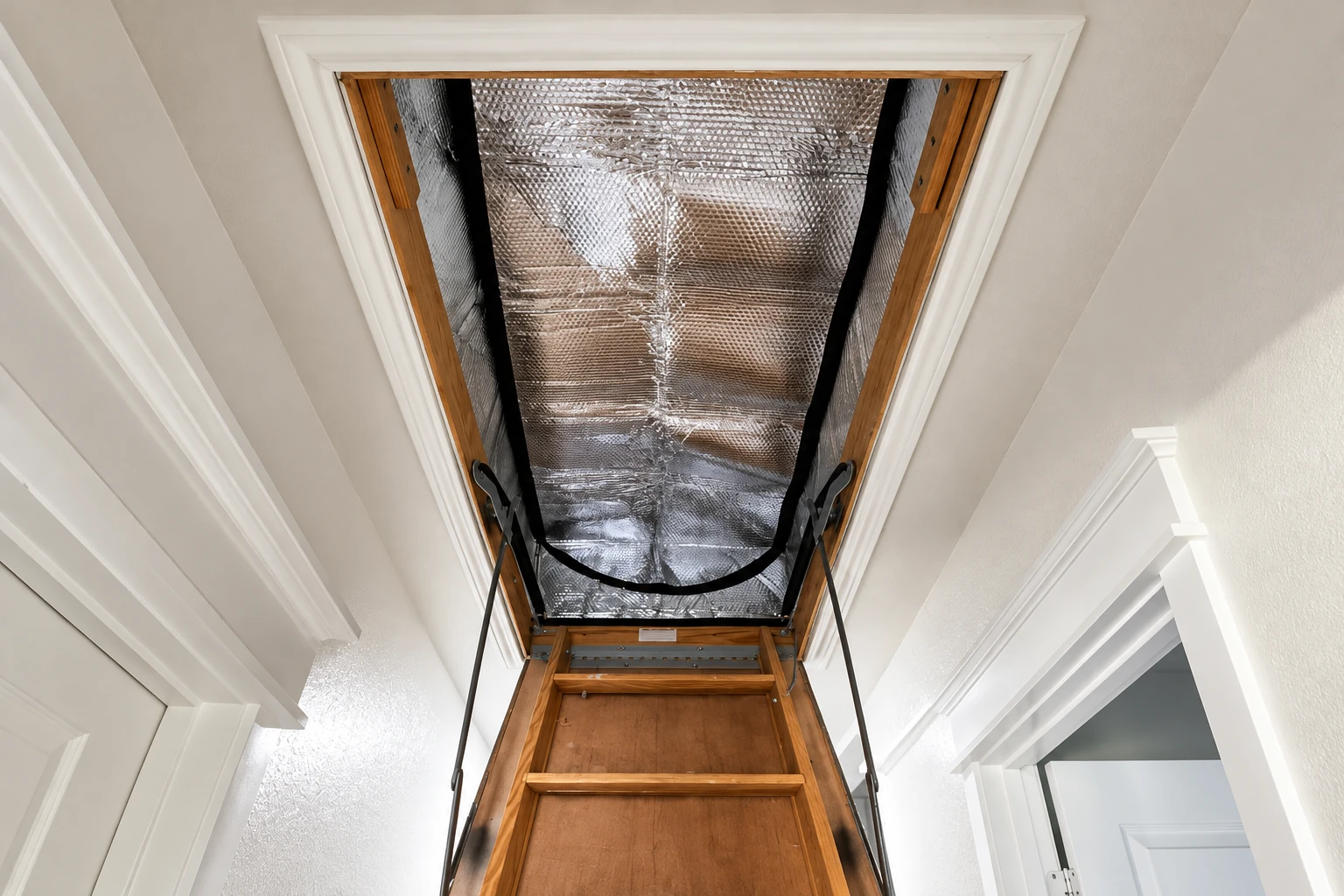 An open attic ladder reveals a reflective insulated cover fitted inside the attic hatch.