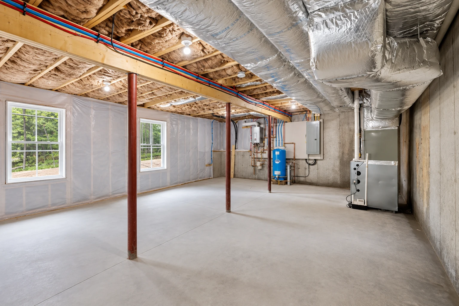 Basement with insulation between ceiling joists, large silver ducts, and a white vapor barrier on the walls.