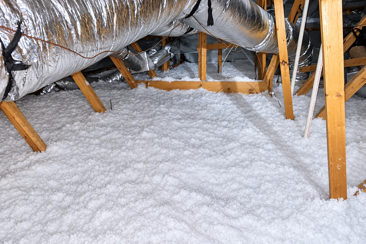 Loose white blown-in insulation covers an attic floor beneath silver ductwork and wooden roof supports.