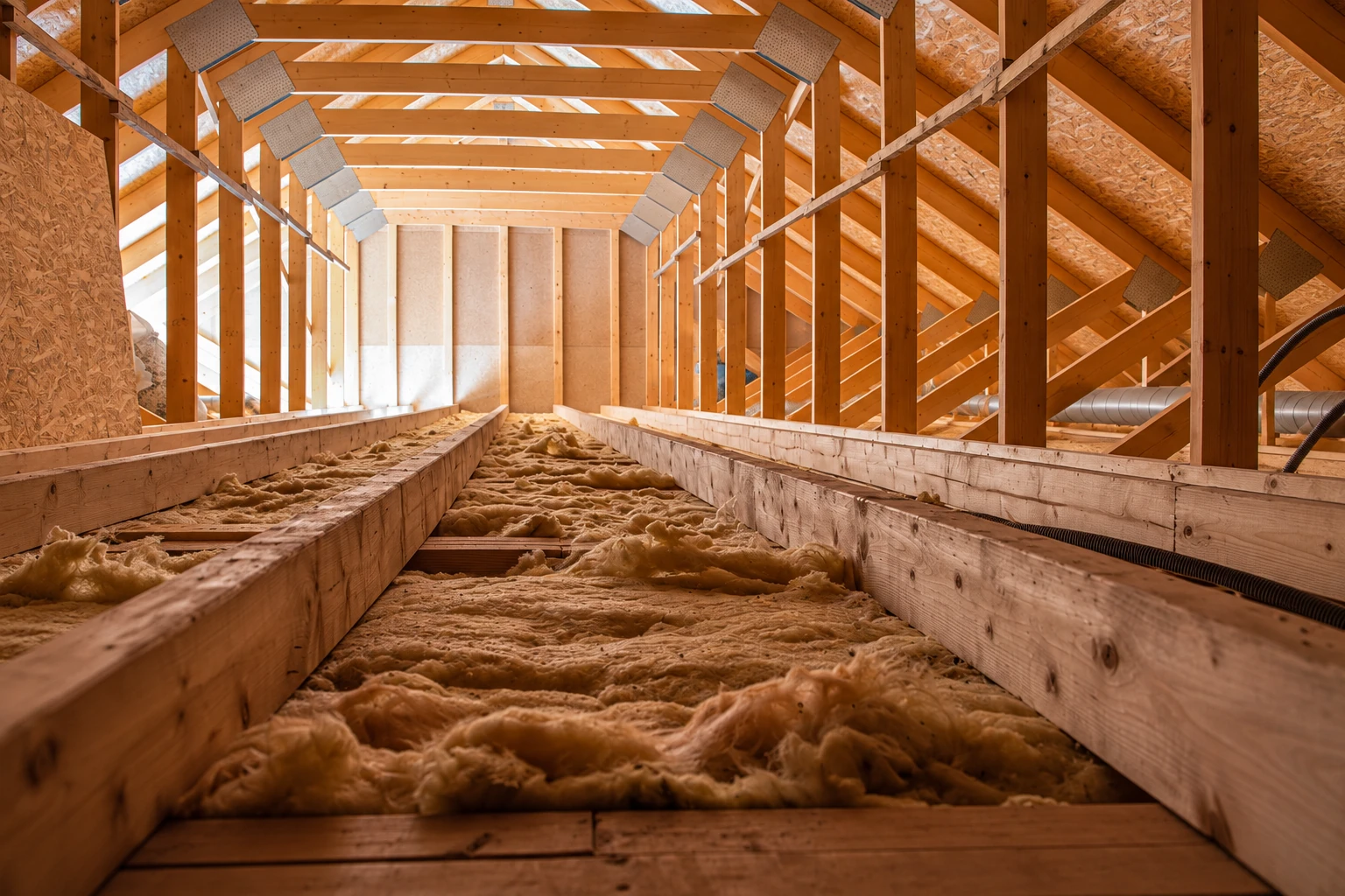 Loose-fill insulation covers the floor of a long, wood-framed attic beneath exposed roof trusses.