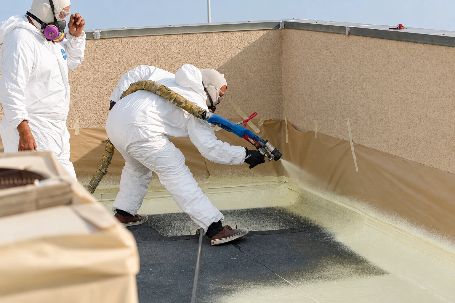 Two workers in protective suits spray foam insulation across the floor and walls of a commercial rooftop enclosure.