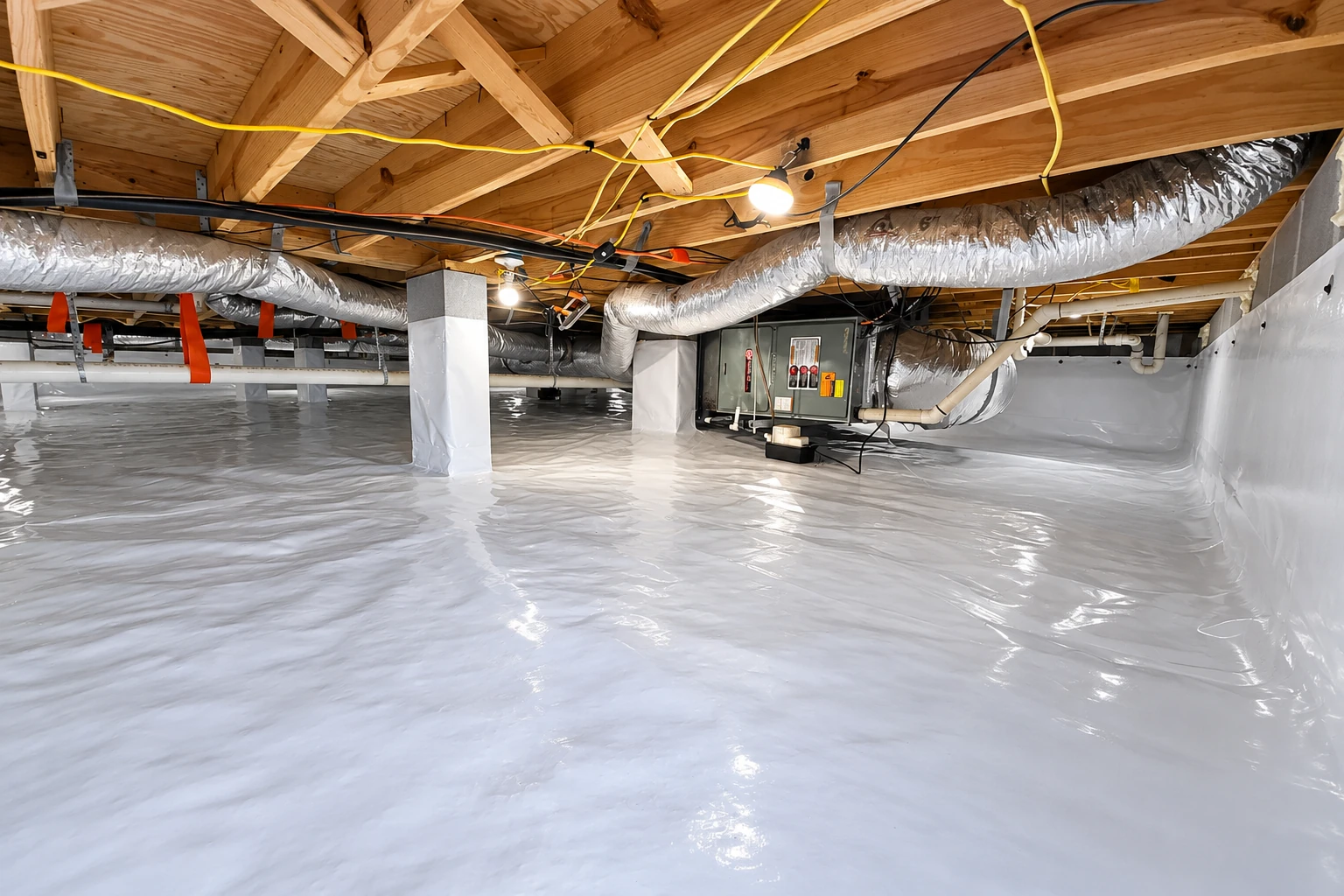 Crawl space with a white vapor barrier covering the floor and walls, exposed wooden joists, and large silver ducts.