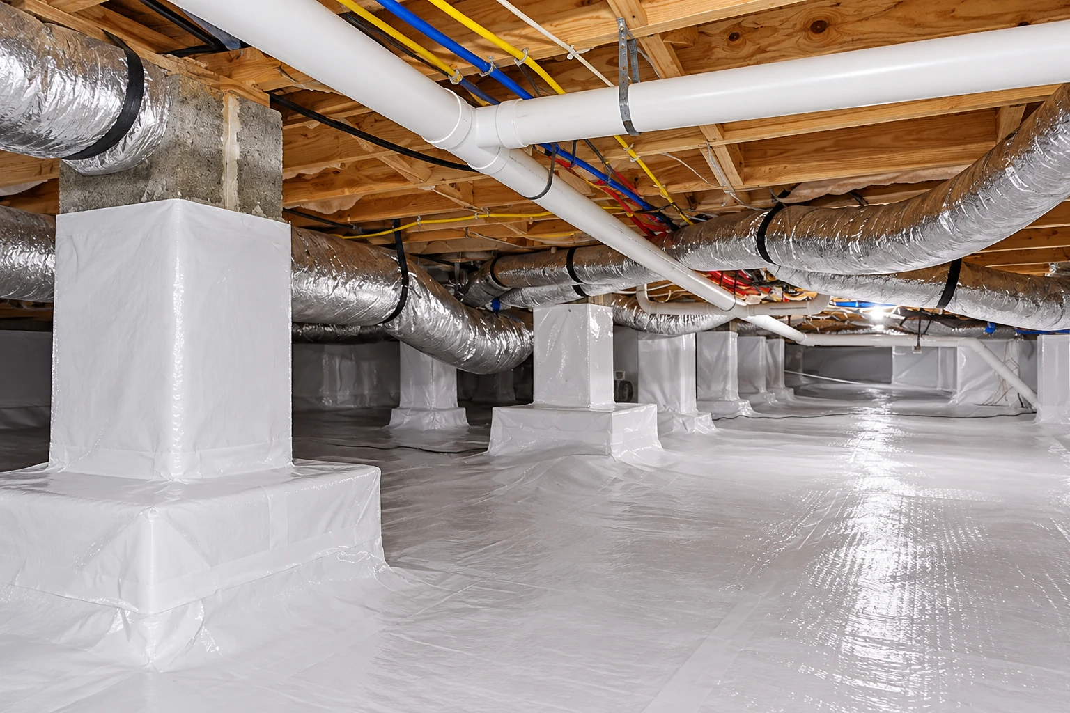 A crawl space has a white vapor barrier covering the floor and wrapping support columns beneath exposed ducts and pipes.