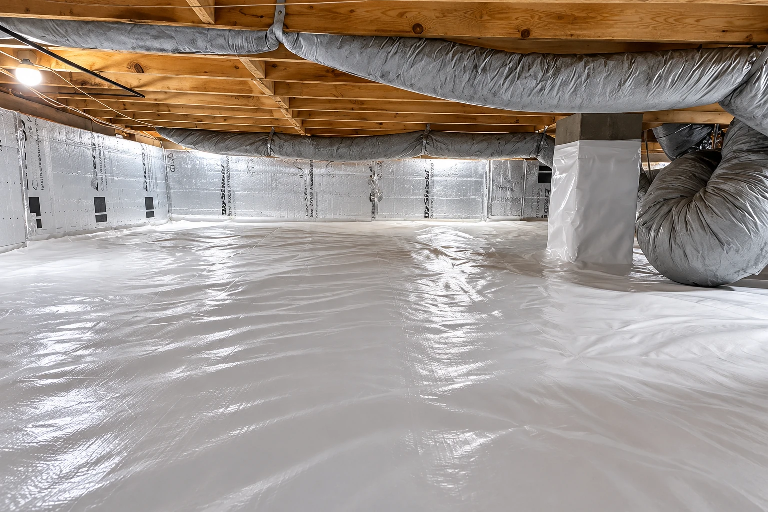 Crawl space with reflective insulation on the walls and a white plastic vapor barrier covering the floor beneath exposed joists and ducts.