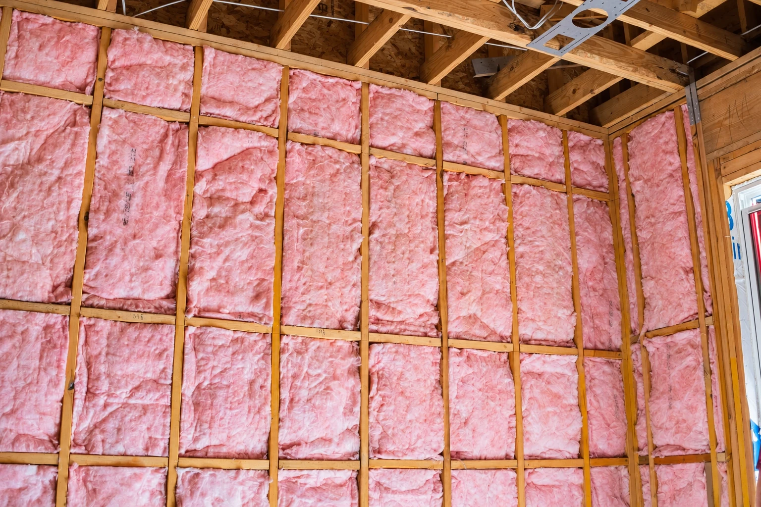 Pink fiberglass batts fill the wall cavities of an unfinished home's exposed wooden framing.