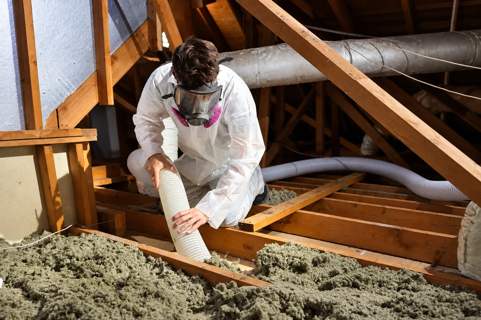 A worker in protective coveralls and a respirator uses a hose to remove loose attic insulation.
