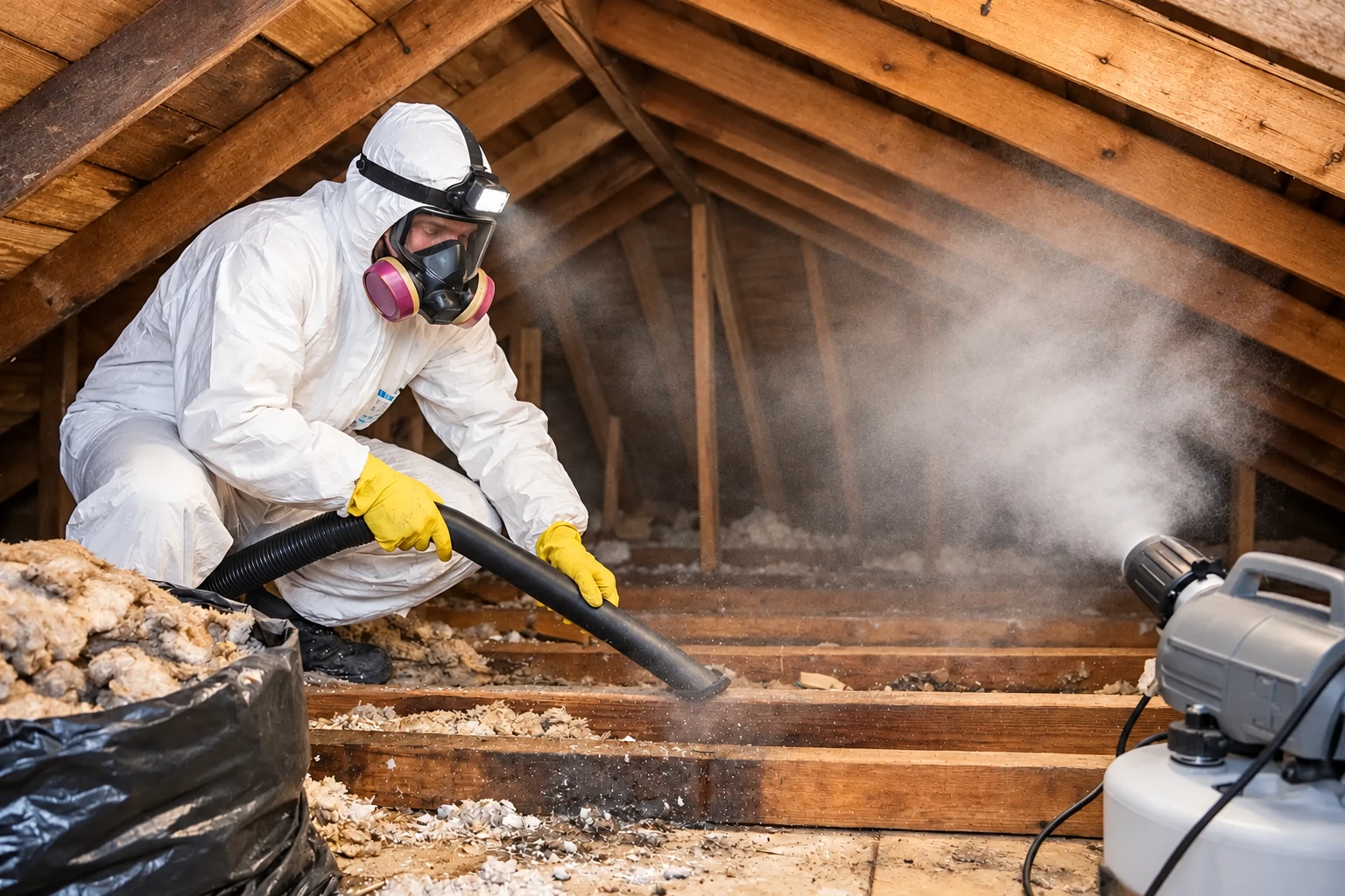 A worker in protective coveralls and a respirator vacuums loose attic insulation as dust sprays across the rafters.