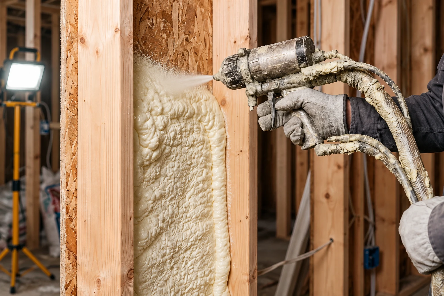 A worker sprays pale open-cell foam insulation into a framed wall cavity in an unfinished building.