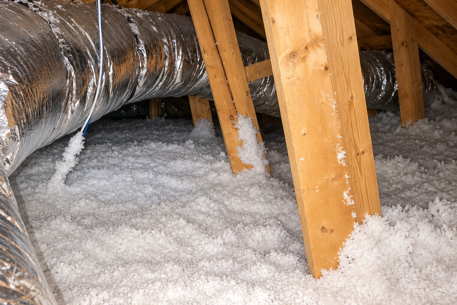 Attic floor covered with loose white blown-in insulation beneath wooden rafters, alongside a large silver flexible duct.