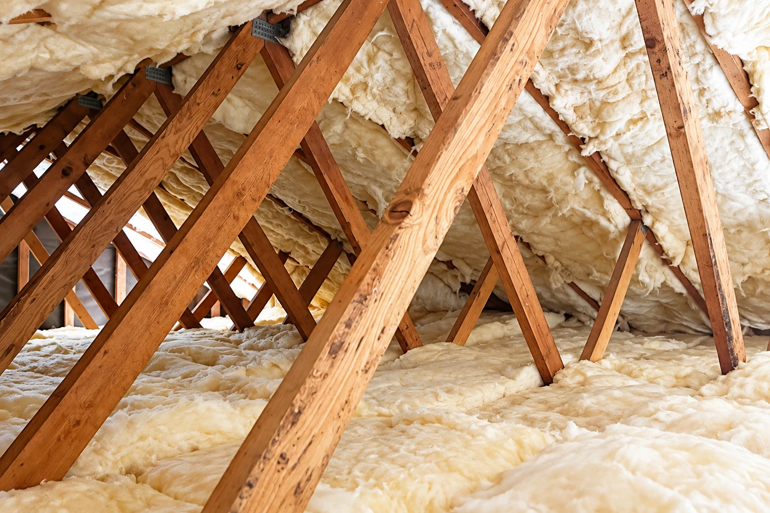 White fluffy insulation fills the roof and floor around exposed wooden trusses in an attic.