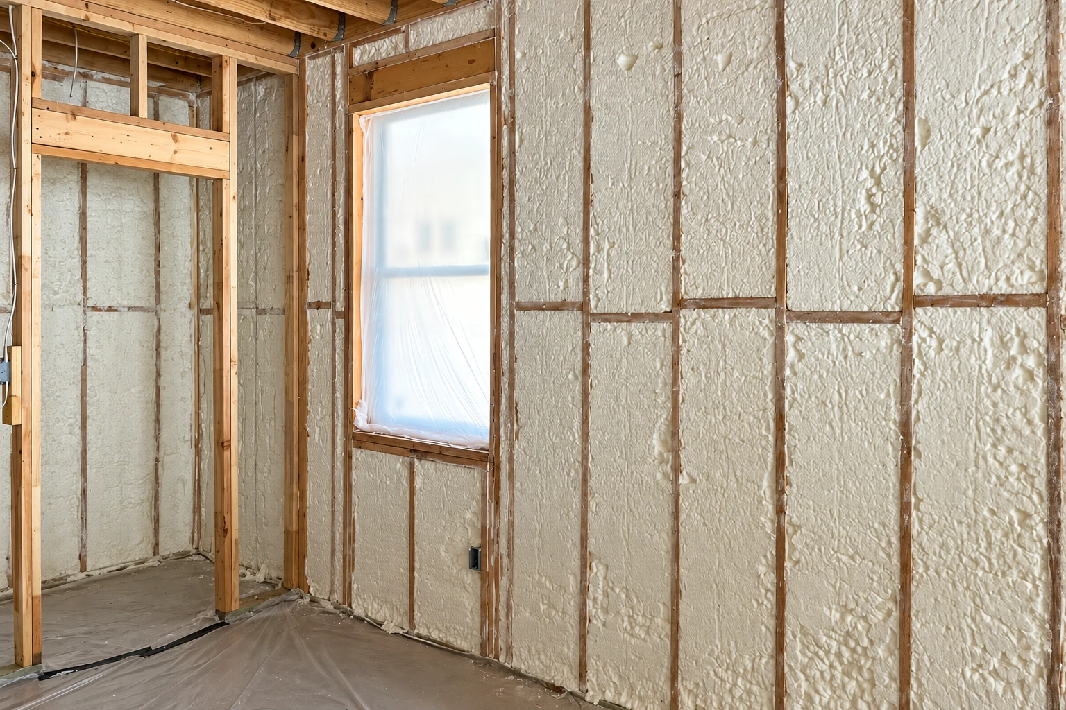 Spray foam insulation fills the exposed wall framing around a plastic-covered window in an unfinished room.