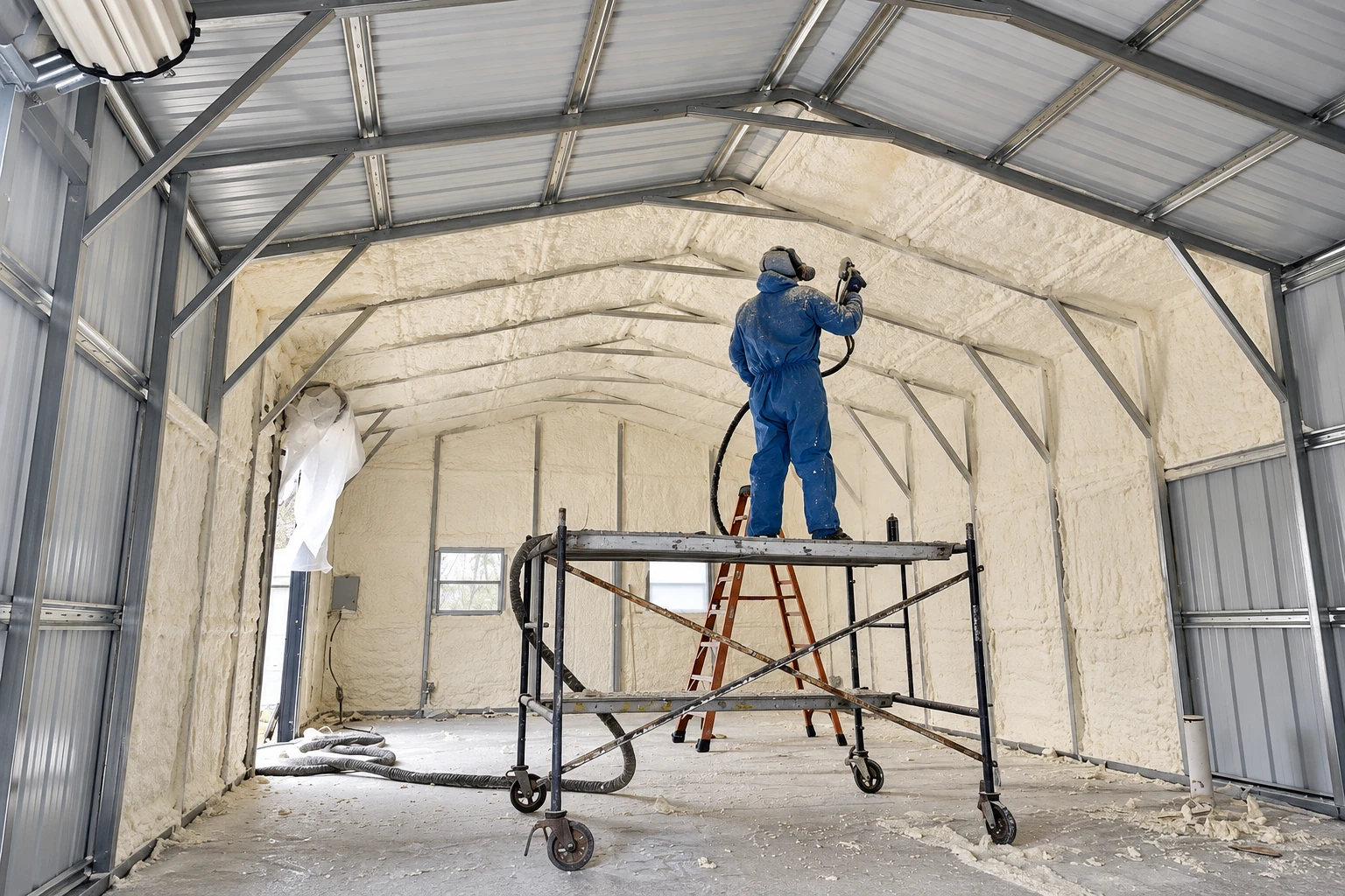 A worker on a scaffold sprays foam insulation onto the walls and roof of a metal-framed building.