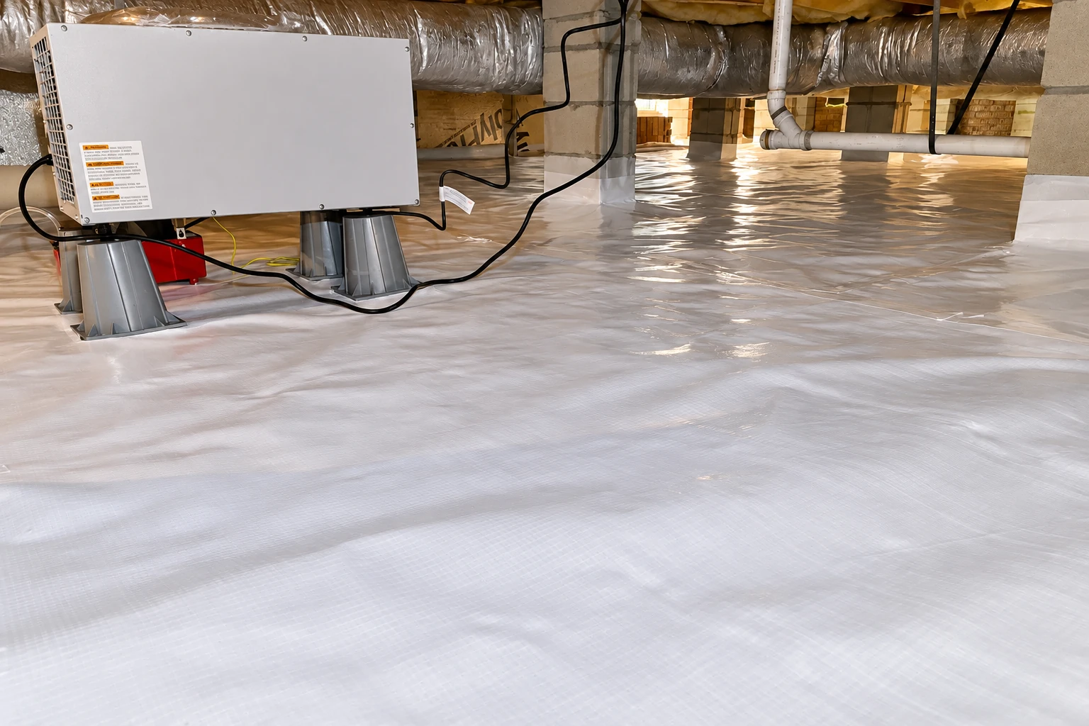 A white vapor barrier covers a crawl space floor around an HVAC unit, support piers, and overhead ductwork.