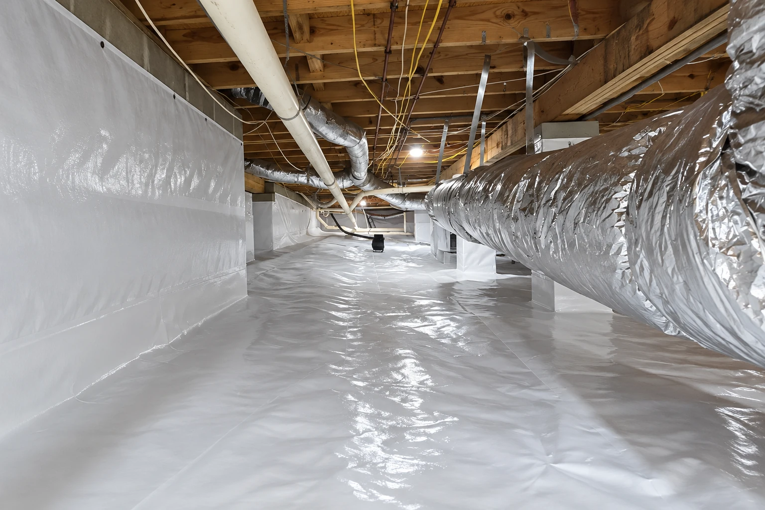 A crawl space has shiny white vapor barrier covering the floor and lower walls beneath exposed joists and ducts.