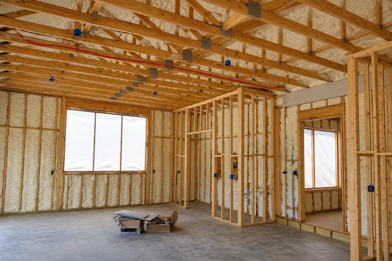 Unfinished room with cream insulation between wooden wall studs and roof trusses, plus windows and exposed wiring.